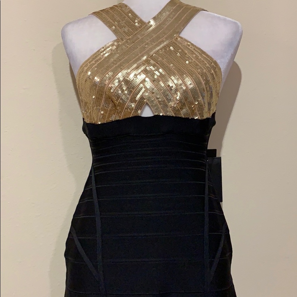 NWT Herve Leger “Amalli” Gold Black Bandage Dress - Picture 3 of 8